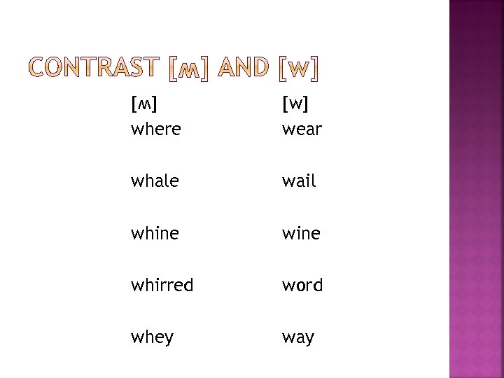 [ʍ] where [w] wear whale wail whine whirred word whey way 