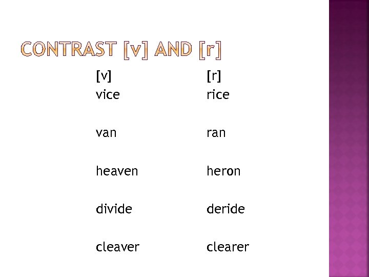 [v] vice [r] rice van ran heaven heron divide deride cleaver clearer 