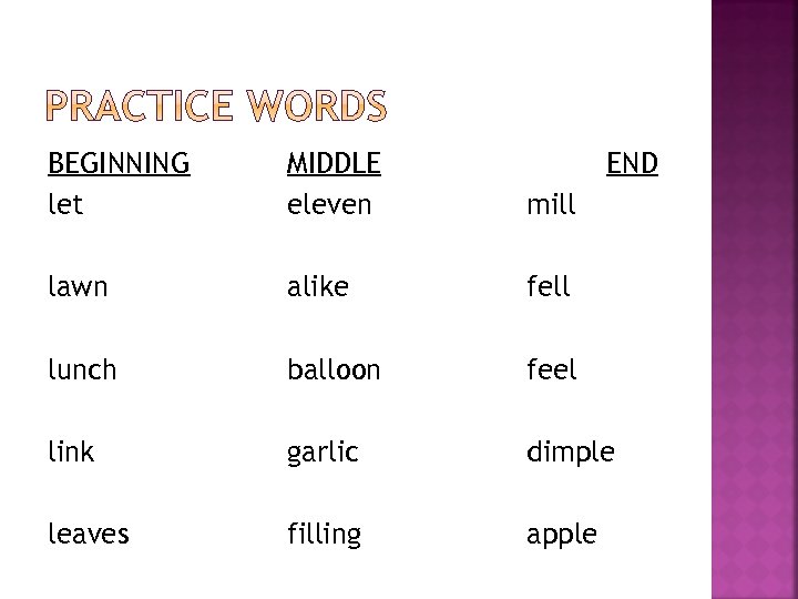 BEGINNING let MIDDLE eleven END mill lawn alike fell lunch balloon feel link garlic