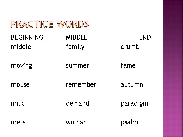 BEGINNING middle MIDDLE family END crumb moving summer fame mouse remember autumn milk demand