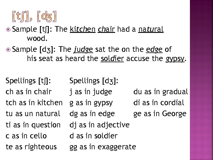  Sample [tʃ]: The kitchen chair had a natural wood. Sample [dʒ]: The judge