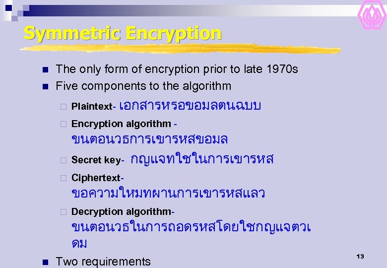 Symmetric Encryption n n The only form of encryption prior to late 1970 s