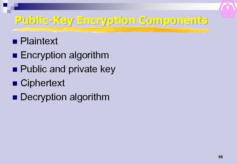 Public-Key Encryption Components Plaintext n Encryption algorithm n Public and private key n Ciphertext
