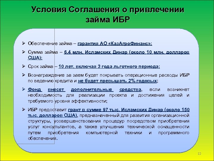 Условия Соглашения о привлечении займа ИБР Ø Обеспечение займа – гарантия АО «Каз. Агро.