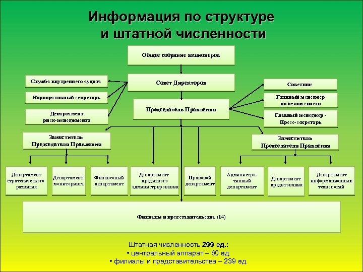 Информация по структуре и штатной численности Общее собрание акционеров Служба внутреннего аудита Совет Директоров