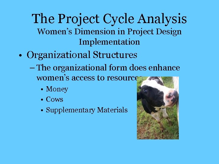 The Project Cycle Analysis Women’s Dimension in Project Design Implementation • Organizational Structures –