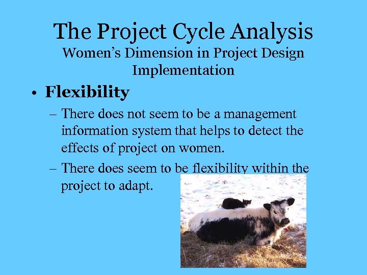 The Project Cycle Analysis Women’s Dimension in Project Design Implementation • Flexibility – There