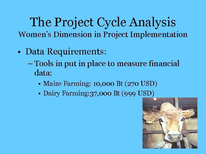 The Project Cycle Analysis Women’s Dimension in Project Implementation • Data Requirements: – Tools