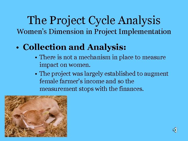 The Project Cycle Analysis Women’s Dimension in Project Implementation • Collection and Analysis: •