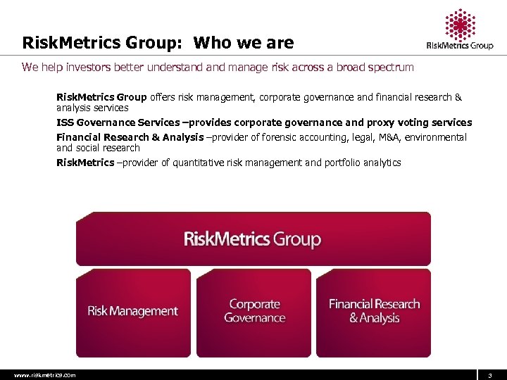 Risk. Metrics Group: Who we are We help investors better understand manage risk across