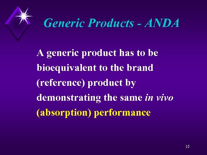 Generic Products - ANDA A generic product has to be bioequivalent to the brand