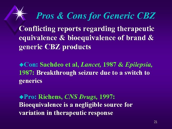 Pros & Cons for Generic CBZ Conflicting reports regarding therapeutic equivalence & bioequivalence of