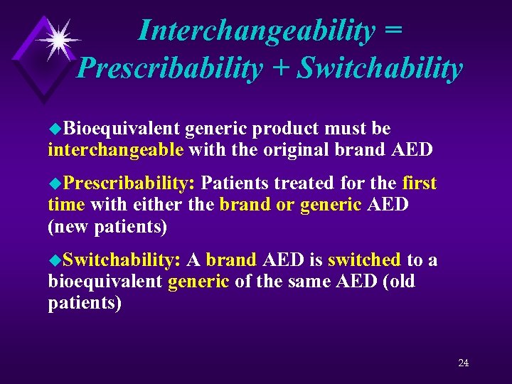 Interchangeability = Prescribability + Switchability u. Bioequivalent generic product must be interchangeable with the