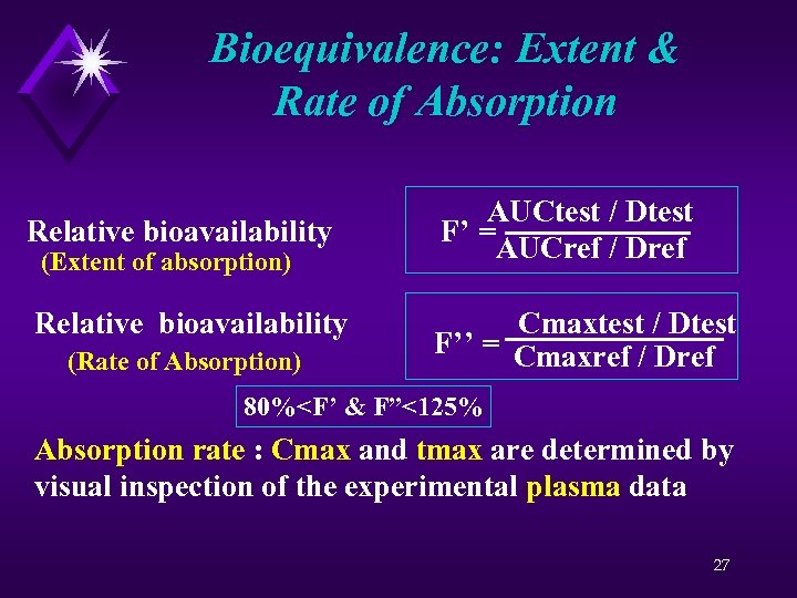 Bioequivalence: Extent & Rate of Absorption Relative bioavailability (Extent of absorption) Relative bioavailability (Rate