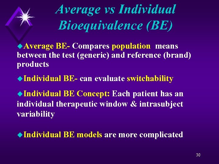 Average vs Individual Bioequivalence (BE) u. Average BE- Compares population means between the test