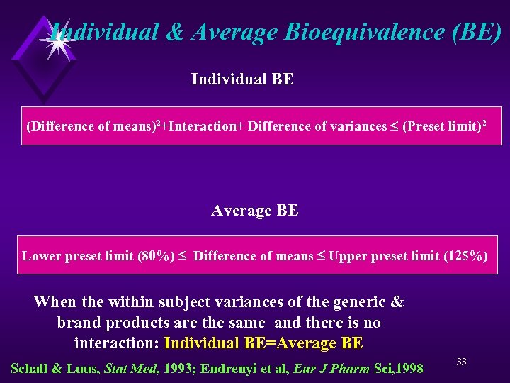 Individual & Average Bioequivalence (BE) Individual BE (Difference of means)2+Interaction+ Difference of variances (Preset