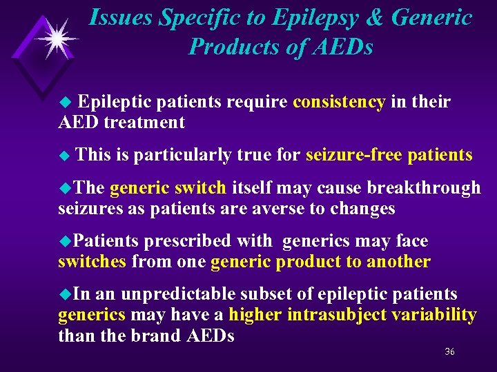 Issues Specific to Epilepsy & Generic Products of AEDs Epileptic patients require consistency in