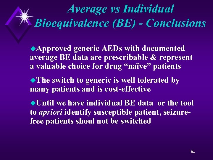Average vs Individual Bioequivalence (BE) - Conclusions u. Approved generic AEDs with documented average