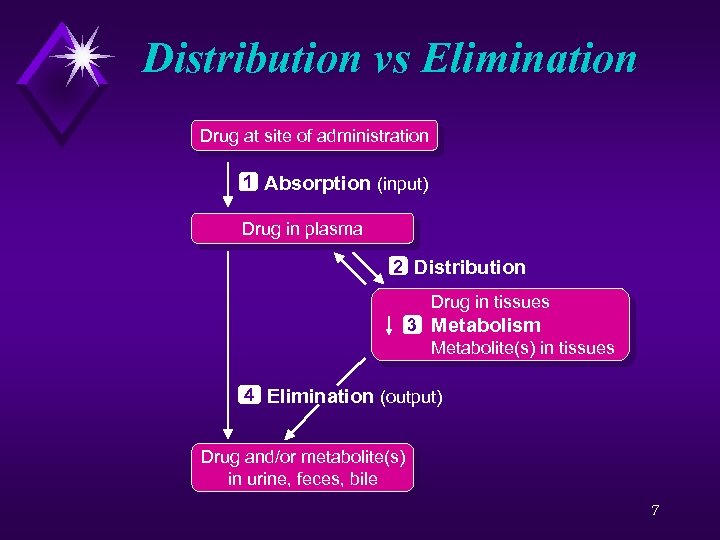 Distribution vs Elimination Drug at site of administration 1 Absorption (input) Drug in plasma