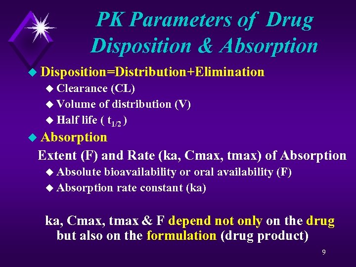 PK Parameters of Drug Disposition & Absorption u Disposition=Distribution+Elimination u Clearance (CL) u Volume