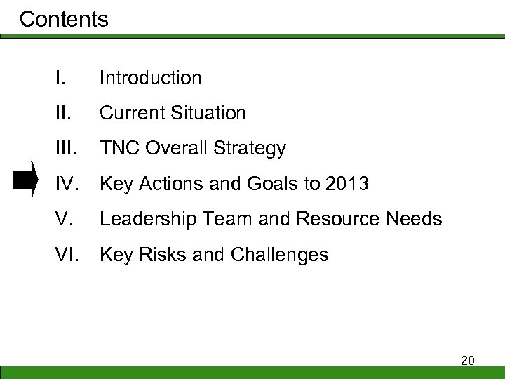 Contents I. Introduction II. Current Situation III. TNC Overall Strategy IV. Key Actions and