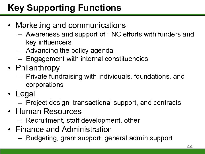 Key Supporting Functions • Marketing and communications – Awareness and support of TNC efforts