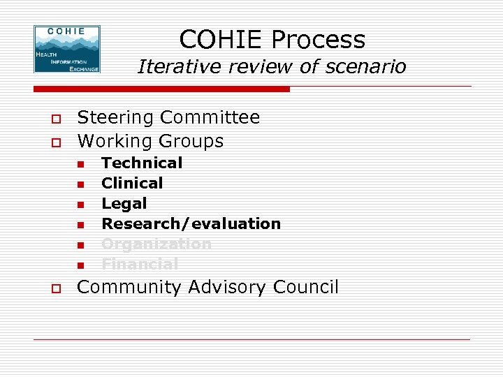 COHIE Process Iterative review of scenario o o Steering Committee Working Groups n n