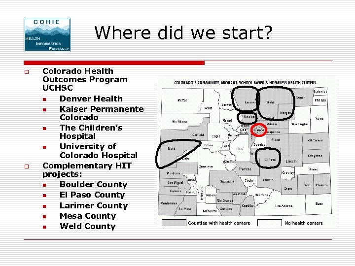 Where did we start? o o Colorado Health Outcomes Program UCHSC n Denver Health