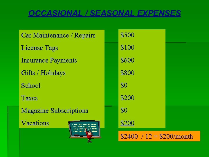 OCCASIONAL / SEASONAL EXPENSES Car Maintenance / Repairs $500 License Tags $100 Insurance Payments