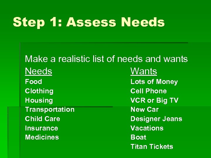Step 1: Assess Needs Make a realistic list of needs and wants Needs Wants