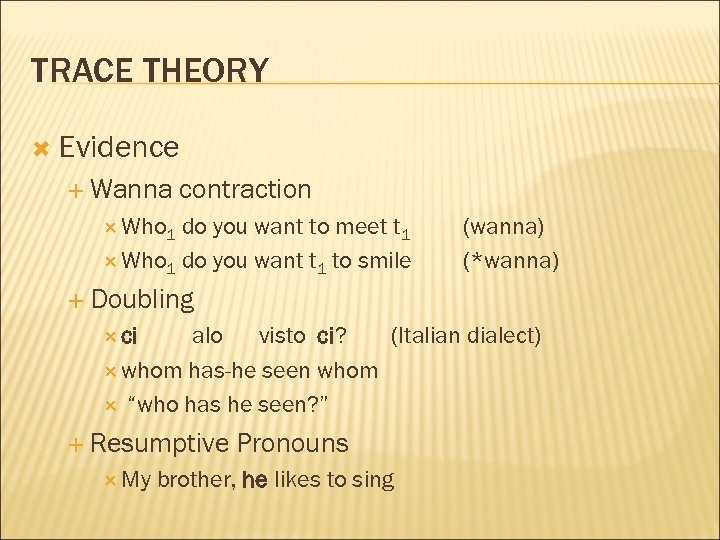 TRACE THEORY Evidence Wanna contraction Who 1 do you want to meet t 1