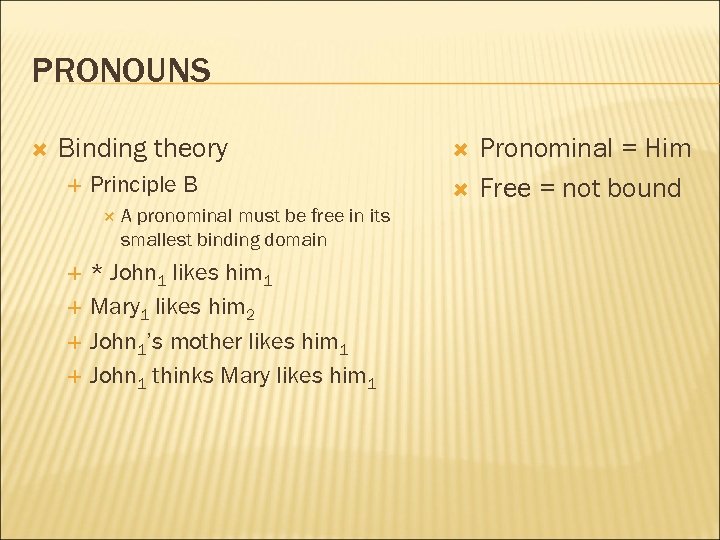 PRONOUNS Binding theory Principle B A pronominal must be free in its smallest binding