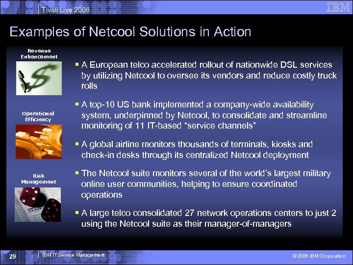 Tivoli Live 2006 Examples of Netcool Solutions in Action Revenue Enhancement § A European