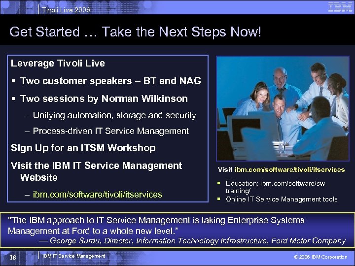 Tivoli Live 2006 Get Started … Take the Next Steps Now! Leverage Tivoli Live