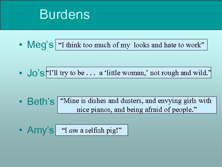 Burdens “I think too • Meg’s burden much of my • Jo’s “I’ll try