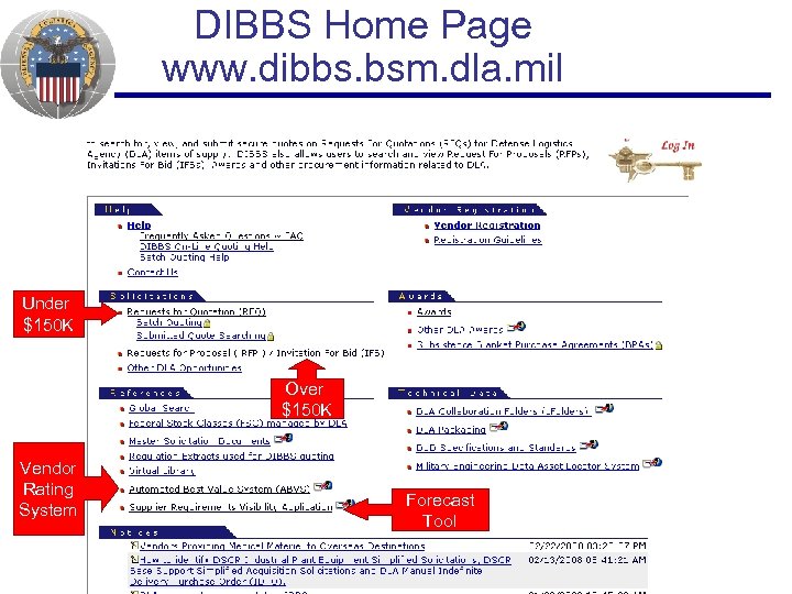 DIBBS Home Page www. dibbs. bsm. dla. mil Under $150 K Over $150 K