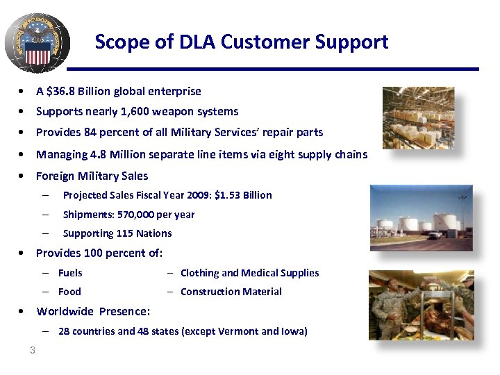 Scope of DLA Customer Support • A $36. 8 Billion global enterprise • Supports