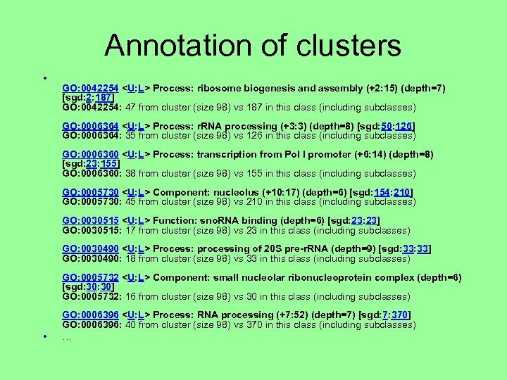 Annotation of clusters • GO: 0042254 <U: L> Process: ribosome biogenesis and assembly (+2: