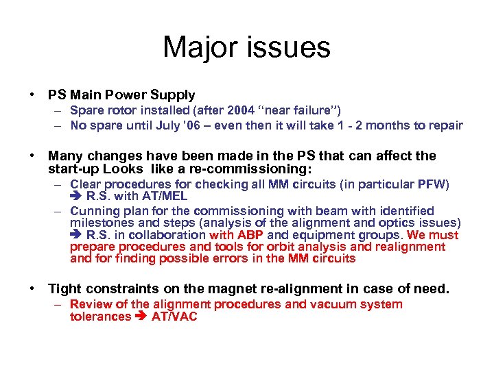 Major issues • PS Main Power Supply – Spare rotor installed (after 2004 “near