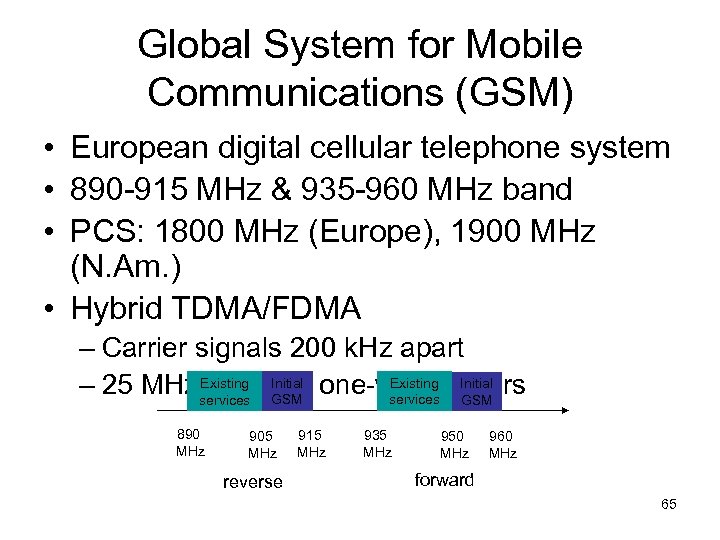 Global System for Mobile Communications (GSM) • European digital cellular telephone system • 890