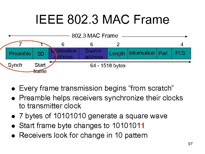 IEEE 802. 3 MAC Frame 7 1 Preamble SD Synch Start frame 6 Destination