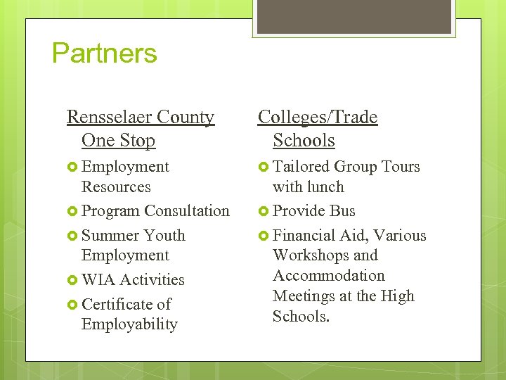 Partners Rensselaer County One Stop Colleges/Trade Schools Employment Tailored Resources Program Consultation Summer Youth