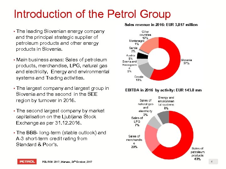 Introduction of the Petrol Group Sales revenue in 2016: EUR 3, 857 million §