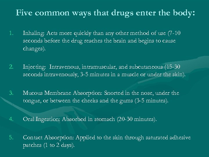 Five common ways that drugs enter the body: 1. Inhaling: Acts more quickly than