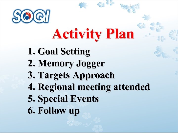 Activity Plan 1. Goal Setting 2. Memory Jogger 3. Targets Approach 4. Regional meeting