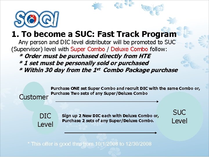 1. To become a SUC: Fast Track Program Any person and DIC level distributor