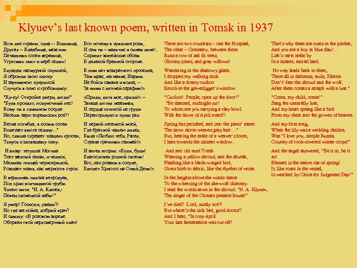 Klyuev’s last known poem, written in Tomsk in 1937 Есть две страны; одна --