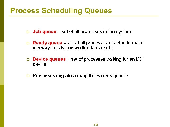 Process Scheduling Queues p Job queue – set of all processes in the system