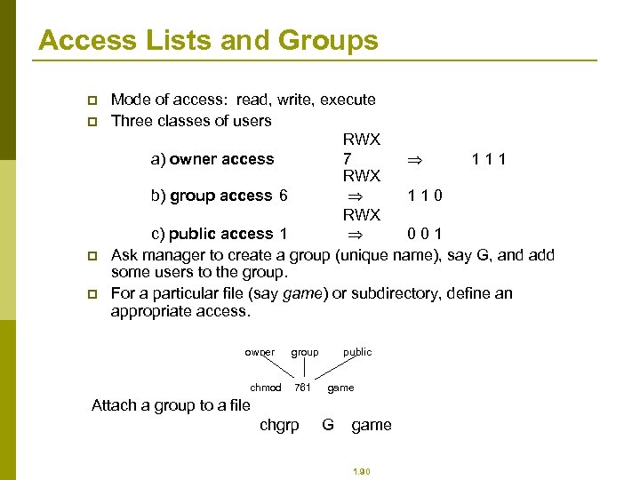 Access Lists and Groups p p Mode of access: read, write, execute Three classes