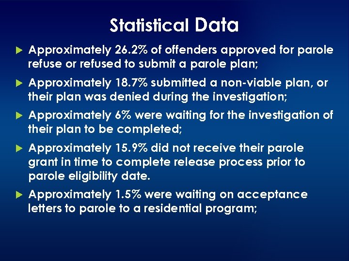 Statistical Data Approximately 26. 2% of offenders approved for parole refuse or refused to